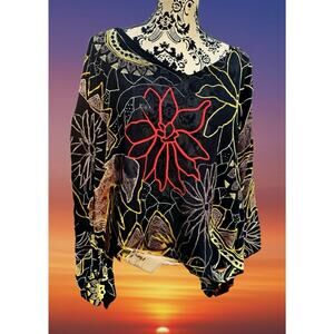 Black ONE SIZE sheer mesh top Vivid fall colors tunic unique VTG (39)